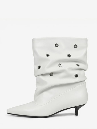 ホワイト レディース キトゥンヒール ブーティ ポインテッドトゥ メタルカットアウト アンクルブーツ