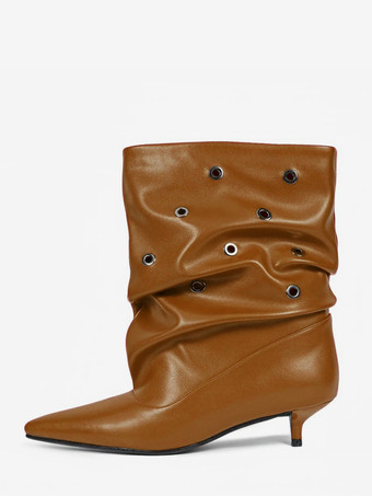 ブラウンレディース キトゥンヒール ブーティ ポインテッドトゥ メタルカットアウト アンクルブーツ