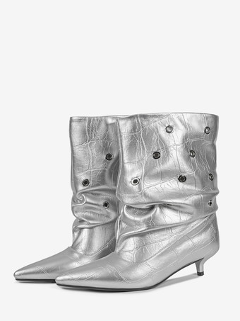 シルバー シルバーのキトゥンヒールブーティ、ポインテッドトゥ、カットアウトアンクルブーツ