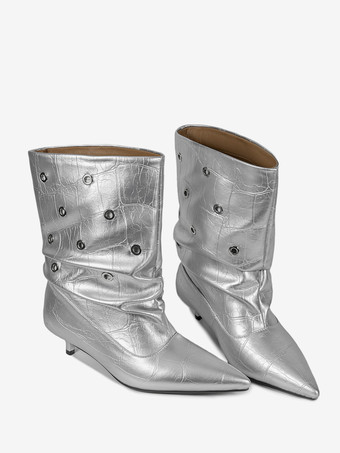 シルバーのキトゥンヒールブーティ、ポインテッドトゥ、カットアウトアンクルブーツ