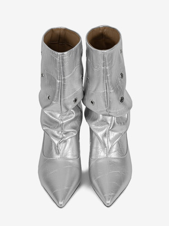 シルバーのキトゥンヒールブーティ、ポインテッドトゥ、カットアウトアンクルブーツ