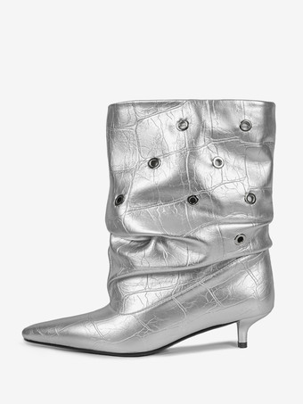 シルバーのキトゥンヒールブーティ、ポインテッドトゥ、カットアウトアンクルブーツ