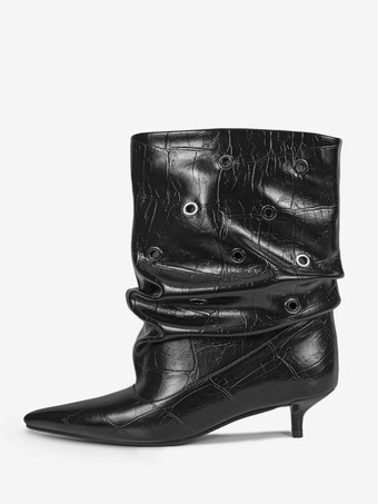 ブラック シルバーのキトゥンヒールブーティ、ポインテッドトゥ、カットアウトアンクルブーツ