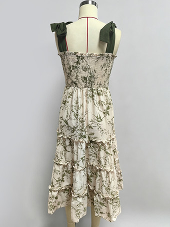 花柄スモックミディドレス（女性用） - セージグリーン ボヘミアン風タイショルダー ティアードフリル Aラインサマードレス - 2026年夏ビーチバケーション