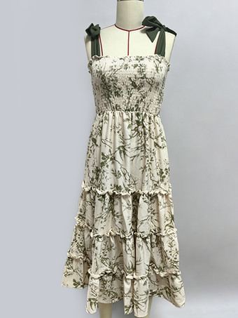 花柄スモックミディドレス（女性用） - セージグリーン ボヘミアン風タイショルダー ティアードフリル Aラインサマードレス - 2026年夏ビーチバケーション