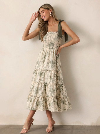 花柄スモックミディドレス（女性用） - セージグリーン ボヘミアン風タイショルダー ティアードフリル Aラインサマードレス - 2026年夏ビーチバケーション