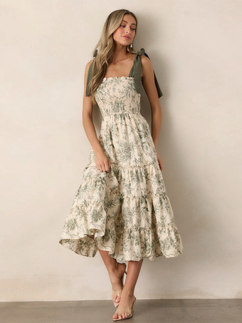 花柄スモックミディドレス（女性用） - セージグリーン ボヘミアン風タイショルダー ティアードフリル Aラインサマードレス - 2026年夏ビーチバケーション