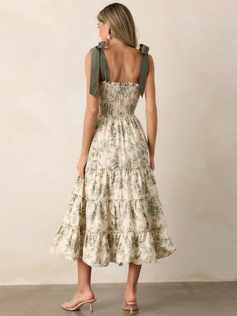 花柄スモックミディドレス（女性用） - セージグリーン ボヘミアン風タイショルダー ティアードフリル Aラインサマードレス - 2026年夏ビーチバケーション