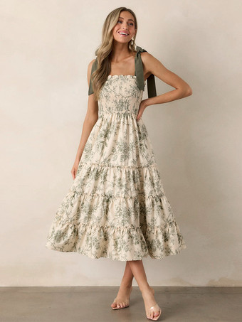 グリーン 花柄スモックミディドレス（女性用） - セージグリーン ボヘミアン風タイショルダー ティアードフリル Aラインサマードレス - 2026年夏ビーチバケーション