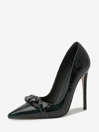 ダークグリーンハイヒールパンプス レディース ポインテッドトゥ メタルディテール スリッポン ドレスシューズ