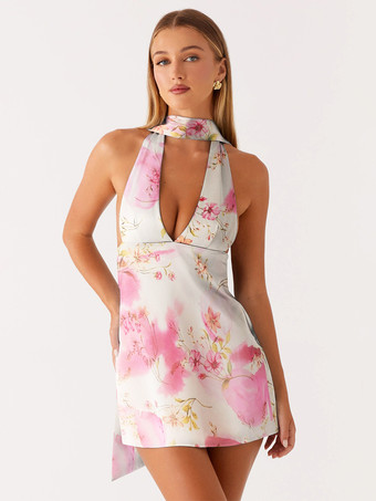 アイボリーサテンホルターミニドレス（女性用） - 背中開きディープVネックショートガウン（スカーフ付き） - サマーカクテルクラブ2026