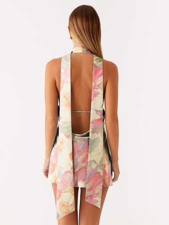 サテンホルターミニドレス（女性用） - 背中開きディープVネックショートガウン（スカーフ付き） - サマーカクテルクラブ2026