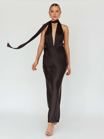 サテンホルターネックマキシドレス（女性用） - エレガントな背中開きディープVネックマーメイドガウン（スカーフ付き） - 2026年夏の結婚式ゲスト向け