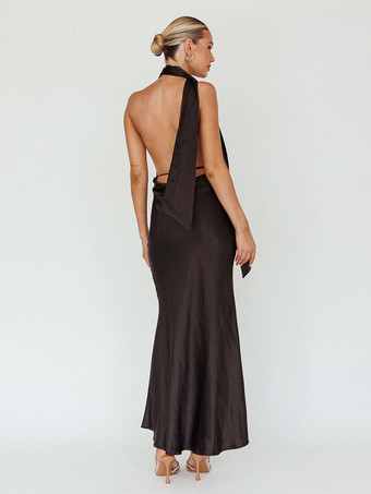 サテンホルターネックマキシドレス（女性用） - エレガントな背中開きディープVネックマーメイドガウン（スカーフ付き） - 2026年夏の結婚式ゲスト向け