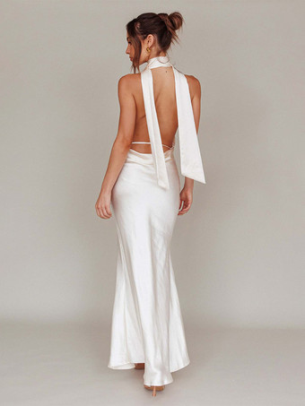 サテンホルターネックマキシドレス（女性用） - エレガントな背中開きディープVネックマーメイドガウン（スカーフ付き） - 2026年夏の結婚式ゲスト向け