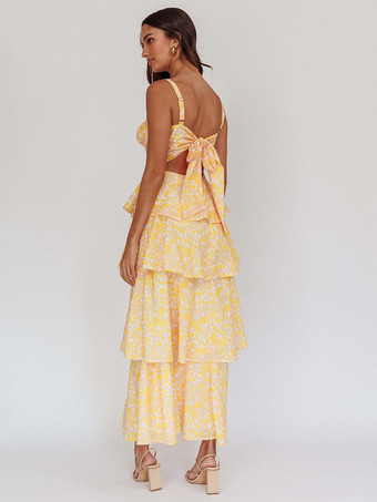 花柄プリントのフリル付きマキシ丈スリップドレス（女性用） - ボヘミアン風ティアードAラインストラップ付きサマードレス - 2026年夏のビーチバケーション