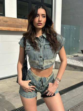 レディースデニム2点セット - ウォッシュブルーY2Kクロップトップと折り返しウエストショーツ - 2026年夏ストリートウェア