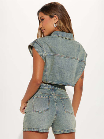レディースデニム2点セット - ウォッシュブルーY2Kクロップトップと折り返しウエストショーツ - 2026年夏ストリートウェア