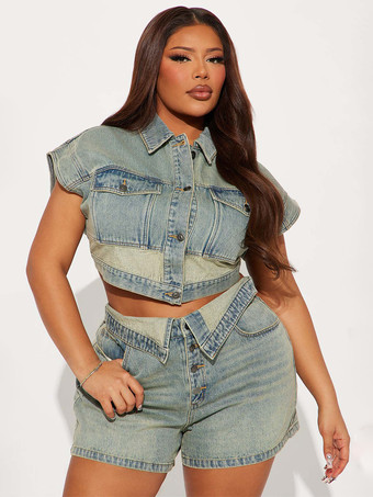 ブルー レディースデニム2点セット - ウォッシュブルーY2Kクロップトップと折り返しウエストショーツ - 2026年夏ストリートウェア