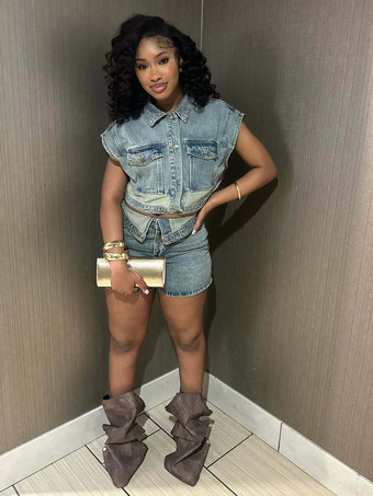 レディースデニム2点セット - ウォッシュブルーY2Kクロップトップと折り返しウエストショーツ - 2026年夏ストリートウェア