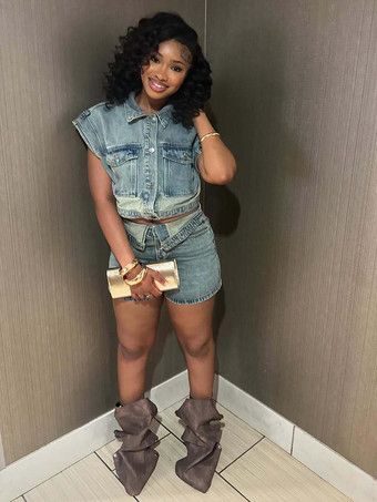 レディースデニム2点セット - ウォッシュブルーY2Kクロップトップと折り返しウエストショーツ - 2026年夏ストリートウェア