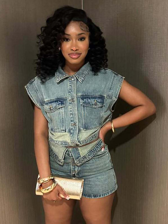 レディースデニム2点セット - ウォッシュブルーY2Kクロップトップと折り返しウエストショーツ - 2026年夏ストリートウェア