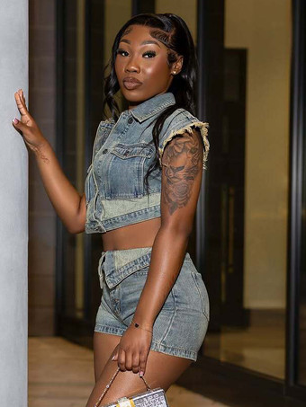 レディースデニム2点セット - ウォッシュブルーY2Kクロップトップと折り返しウエストショーツ - 2026年夏ストリートウェア