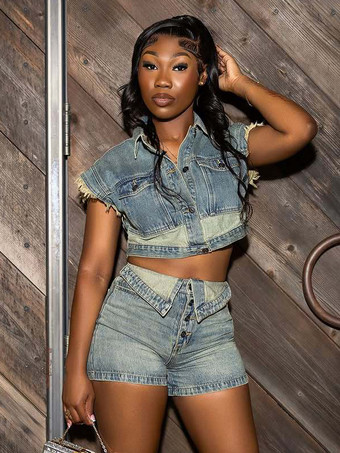 レディースデニム2点セット - ウォッシュブルーY2Kクロップトップと折り返しウエストショーツ - 2026年夏ストリートウェア