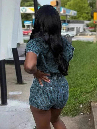 レディース用ワッフルデニム2点セット - ブルーの半袖タイフロントクロップトップとショートパンツのセットアップ - 2026年夏のカジュアルコーデ