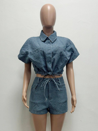 レディース用ワッフルデニム2点セット - ブルーの半袖タイフロントクロップトップとショートパンツのセットアップ - 2026年夏のカジュアルコーデ