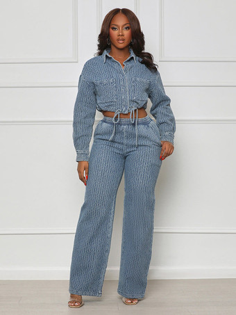 ブルー テクスチャードデニムのツーピースセット（レディース） - ブルーのカジュアルなクロップド丈ドローストリングシャツとワイドレッグパンツ - 2026年春のストリートウェア