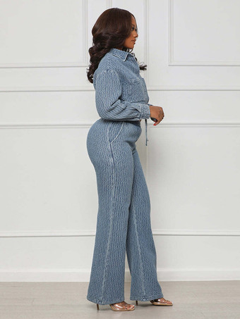 テクスチャードデニムのツーピースセット（レディース） - ブルーのカジュアルなクロップド丈ドローストリングシャツとワイドレッグパンツ - 2026年春のストリートウェア