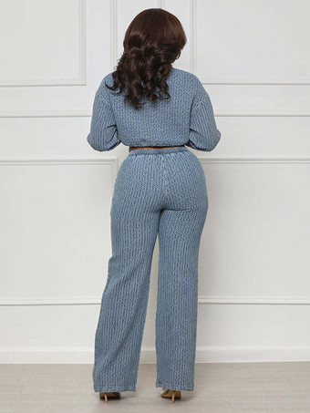 テクスチャードデニムのツーピースセット（レディース） - ブルーのカジュアルなクロップド丈ドローストリングシャツとワイドレッグパンツ - 2026年春のストリートウェア