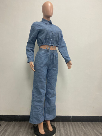 テクスチャードデニムのツーピースセット（レディース） - ブルーのカジュアルなクロップド丈ドローストリングシャツとワイドレッグパンツ - 2026年春のストリートウェア