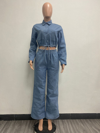 テクスチャードデニムのツーピースセット（レディース） - ブルーのカジュアルなクロップド丈ドローストリングシャツとワイドレッグパンツ - 2026年春のストリートウェア