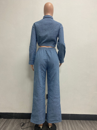 テクスチャードデニムのツーピースセット（レディース） - ブルーのカジュアルなクロップド丈ドローストリングシャツとワイドレッグパンツ - 2026年春のストリートウェア