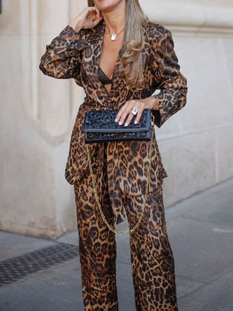 ヒョウ柄ベルト付きブレザーとワイドレッグパンツのレディースセット - ノッチドラペル長袖セットアップスーツ - 2026年春のストリートウェア