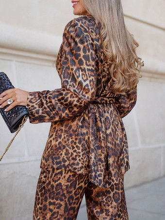 ヒョウ柄ベルト付きブレザーとワイドレッグパンツのレディースセット - ノッチドラペル長袖セットアップスーツ - 2026年春のストリートウェア