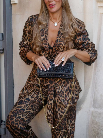 ヒョウ柄ベルト付きブレザーとワイドレッグパンツのレディースセット - ノッチドラペル長袖セットアップスーツ - 2026年春のストリートウェア