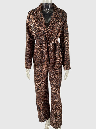 ヒョウ柄ベルト付きブレザーとワイドレッグパンツのレディースセット - ノッチドラペル長袖セットアップスーツ - 2026年春のストリートウェア