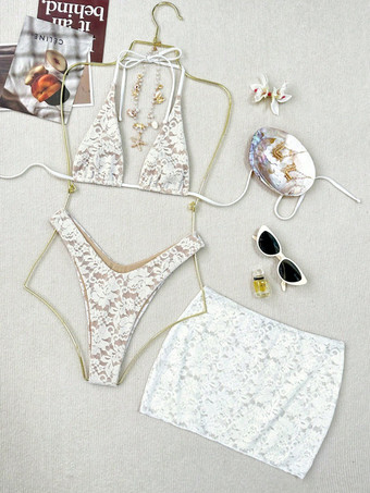 セクシーなレース水着3点セット - ホワイトフローラルトライアングルハイカットビキニとミニサロンカバーアップ - サマービーチリゾート2026
