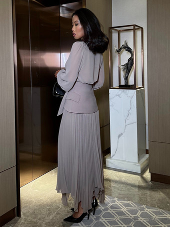 エレガントな長袖スリーピースセット（女性用） - シフォン素材のタイネックブラウスとウエストバンド、マキシスカート - 2026年春のオフィスパーティー向け