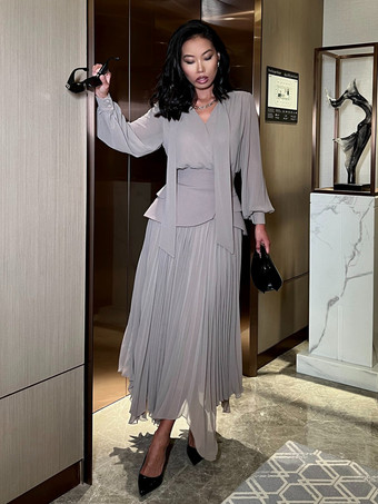 エレガントな長袖スリーピースセット（女性用） - シフォン素材のタイネックブラウスとウエストバンド、マキシスカート - 2026年春のオフィスパーティー向け