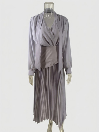 エレガントな長袖スリーピースセット（女性用） - シフォン素材のタイネックブラウスとウエストバンド、マキシスカート - 2026年春のオフィスパーティー向け