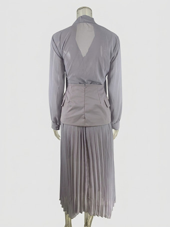 エレガントな長袖スリーピースセット（女性用） - シフォン素材のタイネックブラウスとウエストバンド、マキシスカート - 2026年春のオフィスパーティー向け