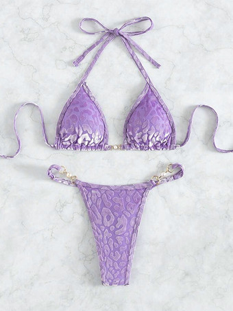 パープル ヒョウ柄ビキニセット（レディース） - ホルターネック、パール金具付きトップ＆ソング - サマーヨットリゾートプールパーティー2026