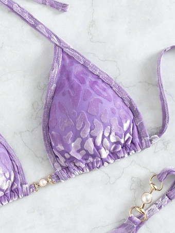 ヒョウ柄ビキニセット（レディース） - ホルターネック、パール金具付きトップ＆ソング - サマーヨットリゾートプールパーティー2026