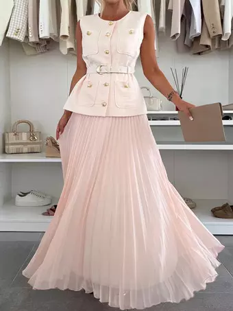 Sleeveless 2 Piece Set For Women - Old Money Belted Vest And Pleated Maxi Dress - Spring Casual Event 2026 Sleeveless 2 Piece Set For Women - Old Money Belted Vest And Pleated Maxi Dress - Spring Casual Event 2026