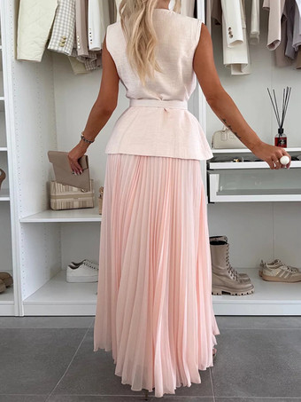 ノースリーブのツーピースセット（女性用） - オールドマネーベルト付きベストとプリーツマキシドレス - 2026年春のカジュアルイベント