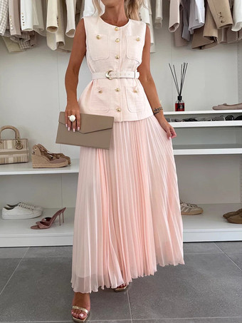 ノースリーブのツーピースセット（女性用） - オールドマネーベルト付きベストとプリーツマキシドレス - 2026年春のカジュアルイベント